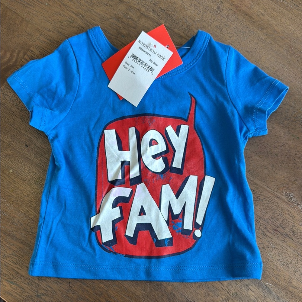 Blue Graphic Tee with 'Hey Fam!' Print